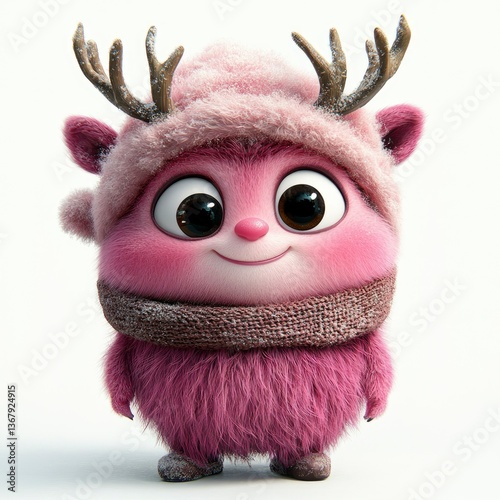 Adorable Pink Furry Reindeer Character in Winter Hat and Scarf