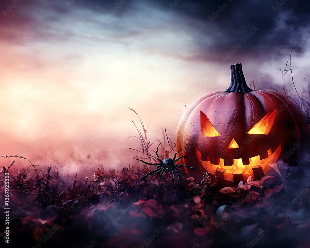 Fototapeta premium A glowing carved pumpkin and a spider in a foggy field