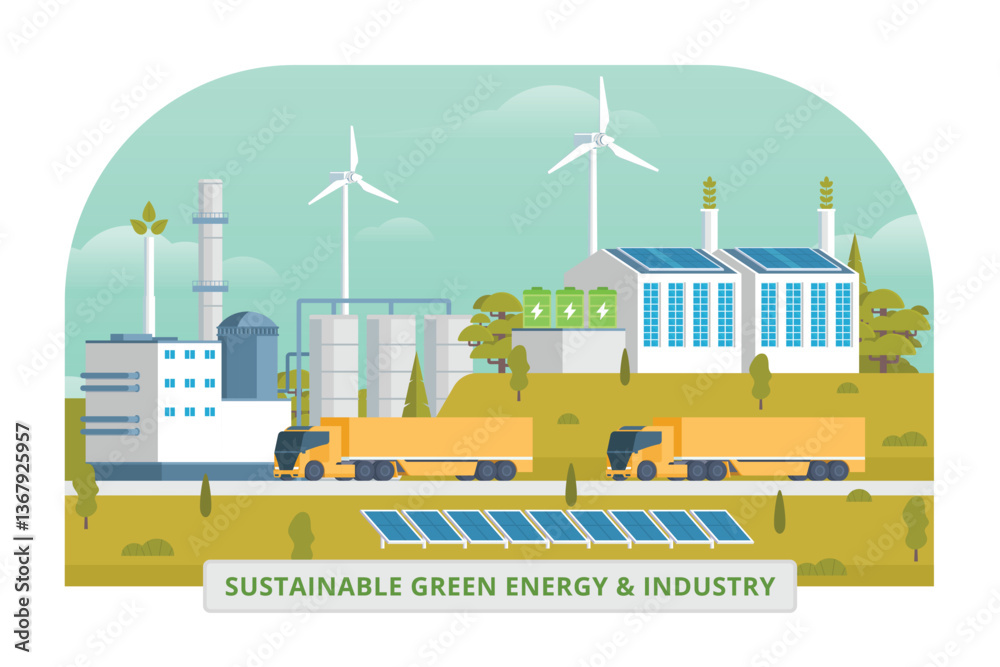 Obraz premium Sustainable Green Energy & Industry Vector Illustration with Hydropower Dam, Solar Panels, and Wind Turbines. Fully Editable and Modular Elements.