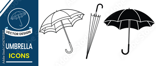 Umbrella icon set. Umbrella vector, silhouette, Open and close umbrella icon. Protection parasol symbol from rain and sunrays. Out line umbrella icon. Vector illustration.