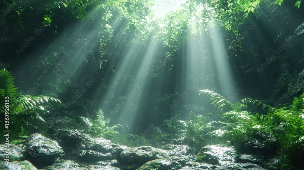 Fototapeta premium Sunbeams in lush rainforest cave
