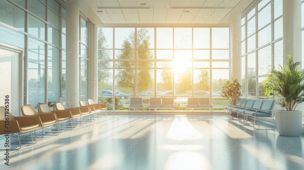 Fototapeta premium Waiting Room Area with Chairs and Sunlight Streaming Through Windows