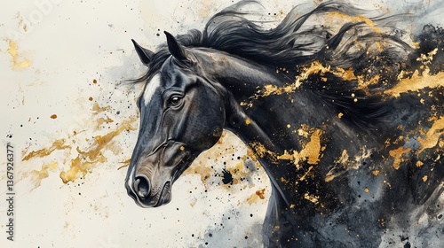 Majestic black horse racing with splashes of gold against white background  