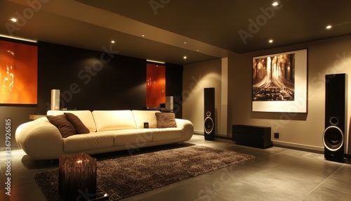 Modern Home Theater Design Luxurious Beige Sofa in a Dark Room with Floor to Ceiling Speakers and Artistic Wall Decor