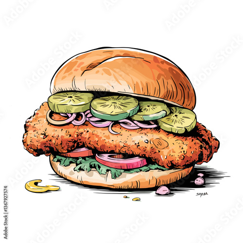 Watercolor Pork Tenderloin Sandwich with Pickles and Onions
