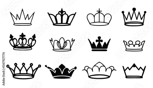 Crown icons set. Vector illustration isolated on white background for graphic and web design.  9 shape silhouette 