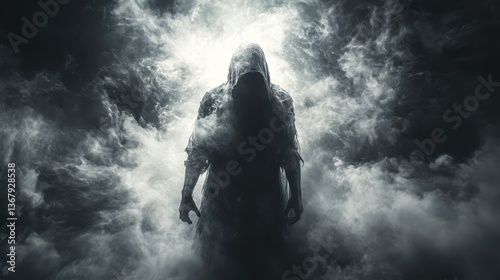Hooded figure in dark clouds, fantasy scene photo
