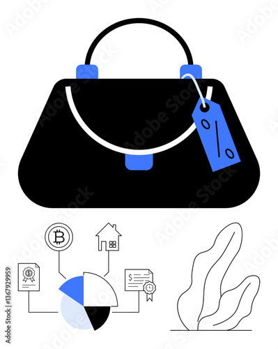 Large purse with percentage tag, pie chart, cryptocurrency, real estate, certificate icons, and decorative plant. Ideal for finance, e-commerce, budgeting investments saving money marketing flat