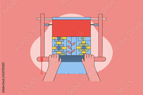 Colorful Handloom Weaving Illustration: Traditional Craft Depicted in Modern Minimalistic Style