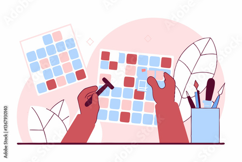 Creative Crafting: Hands Engaging in Artistic Puzzle-Making with Tools and Supplies