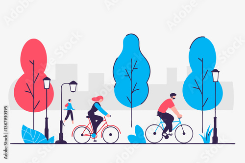 Urban Cycling and Walking in Vibrant City Park: Illustrative Vector Art of Outdoor Activities and Green Spaces