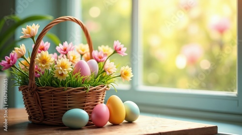 Easter basket with pastel eggs, flowers, and greenery on table
