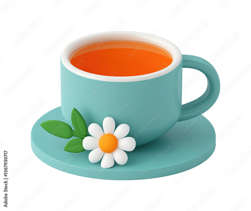A stylized teacup with a drink sits on a saucer with a flower PNG on Transparent Background