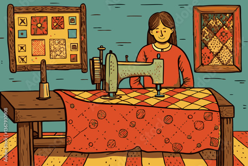 Quilting Craft: Woman Working with Vintage Sewing Machine and Patchwork Designs