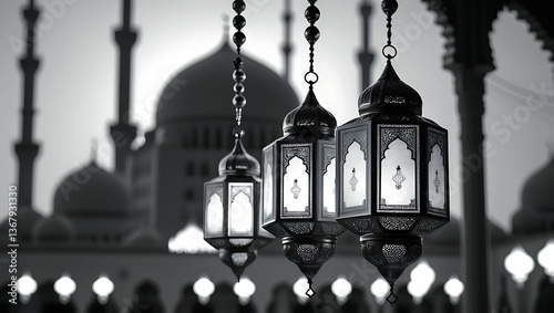 Three ornate lanterns hanging in front of a mosque in a monochrome setting with a blurred background