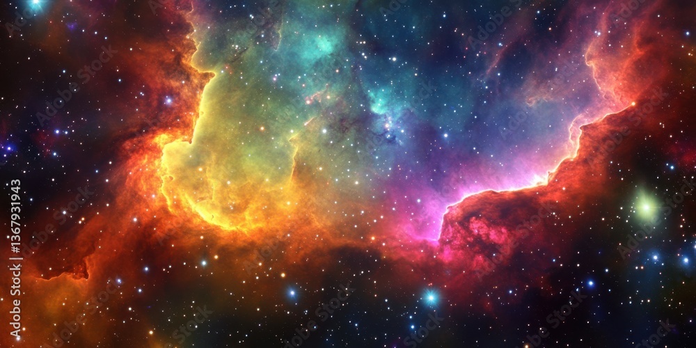 Naklejka premium rainbow cosmic composition where a vast nebula radiates a full spectrum of rainbow hues--crimson, gold, emerald, and violet--flowing seamlessly across deep space ,glowing stars the celestial mist