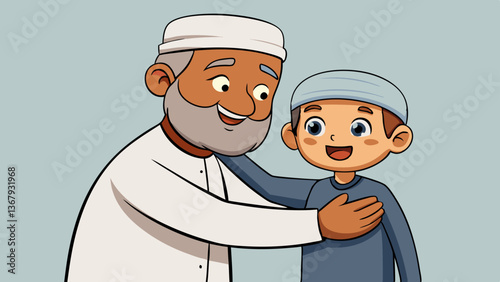 Two Muslim individuals warmly greeting each other in traditional Islamic clothing, showcasing cultural and religious unity with heartfelt embraces and joyful expressions. Eid Embrace
