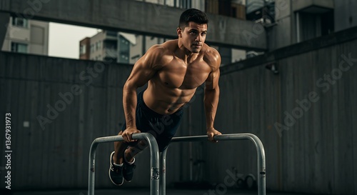 Muscular Man Doing Dips Exercise on Parallel Bars Outdoors During Daytime