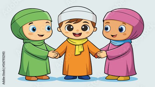 Two Muslim individuals warmly greeting each other in traditional Islamic clothing, showcasing cultural and religious unity with heartfelt embraces and joyful expressions. Eid Embrace
