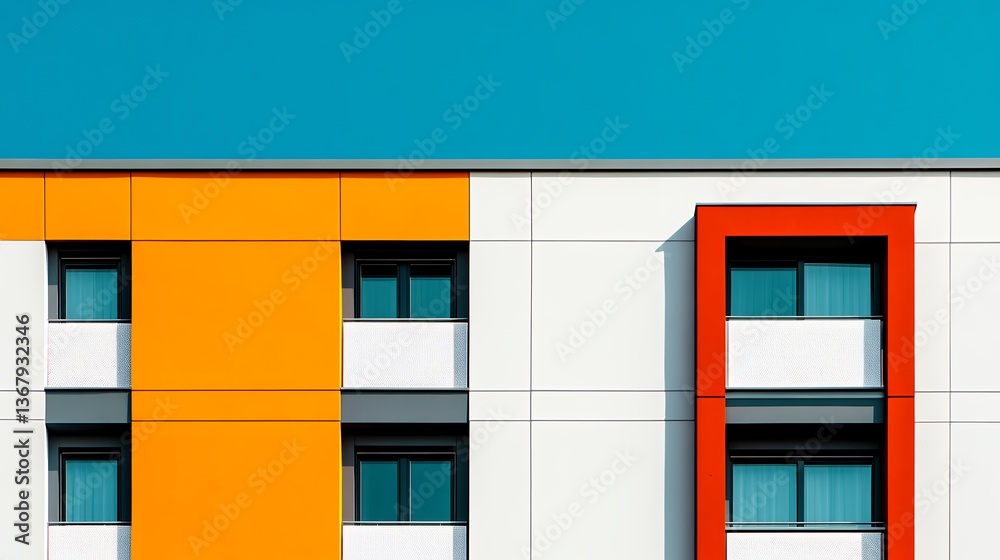 Modern Building Facade with Orange and Red Accents against Bright Blue Sky