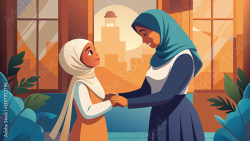 Muslims greet each other in traditional Islamic clothing, showcasing cultural and religious unity with heartfelt embraces and joyful expressions. Eid Embrace