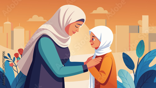 Two Muslim individuals warmly greeting each other in traditional Islamic clothing, showcasing cultural and religious unity with heartfelt embraces and joyful expressions. Eid Embrace

