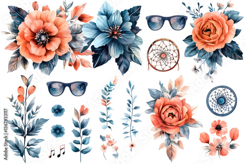 Wallpaper Mural Watercolor Floral Collage: A vibrant watercolor composition featuring an array of elegant flowers, stylish sunglasses, and a dreamcatcher, evoking a sense of bohemian flair and creative expression.  Torontodigital.ca