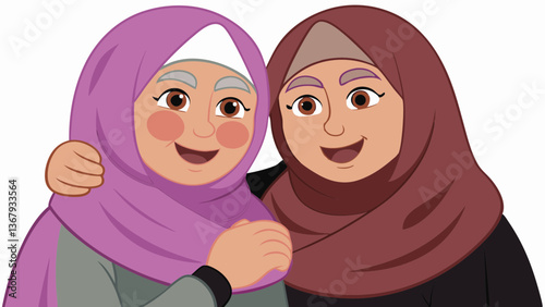 Muslims greet each other in traditional Islamic clothing, showcasing cultural and religious unity with heartfelt embraces and joyful expressions. Eid Embrace