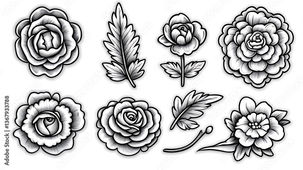 Several detailed grayscale illustrations of floral elements and foliage are present Several detailed grayscale illustrations of floral elements and foliage are present