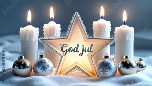 Illuminated star with god jul text surrounded by candles and christmas ornaments on snow surface