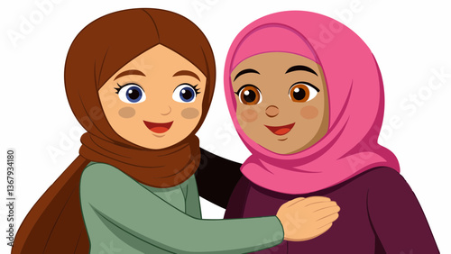 Two Muslim individuals warmly greeting each other in traditional Islamic clothing, showcasing cultural and religious unity with heartfelt embraces and joyful expressions. Eid Embrace
