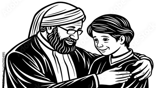 Two Muslim individuals warmly greeting each other in traditional Islamic clothing, showcasing cultural and religious unity with heartfelt embraces and joyful expressions. Eid Embrace
