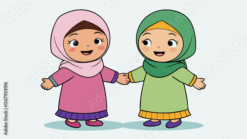 Two Muslim individuals warmly greeting each other in traditional Islamic clothing, showcasing cultural and religious unity with heartfelt embraces and joyful expressions. Eid Embrace
