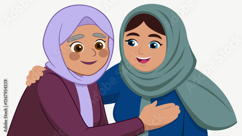 Muslims greet each other in traditional Islamic clothing, showcasing cultural and religious unity with heartfelt embraces and joyful expressions. Eid Embrace