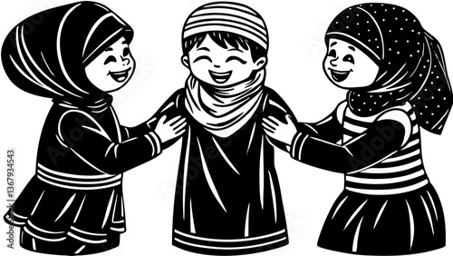 Muslims greet each other in traditional Islamic clothing, showcasing cultural and religious unity with heartfelt embraces and joyful expressions. Eid Embrace