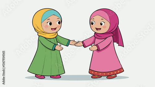 Two Muslim individuals warmly greeting each other in traditional Islamic clothing, showcasing cultural and religious unity with heartfelt embraces and joyful expressions. Eid Embrace