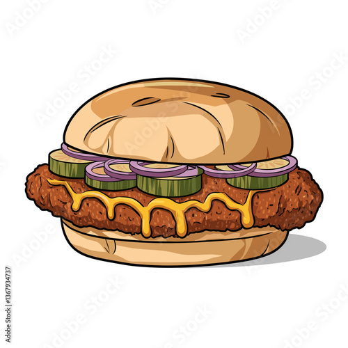 Cartoon Pork Tenderloin Sandwich with Pickles and Lettuce