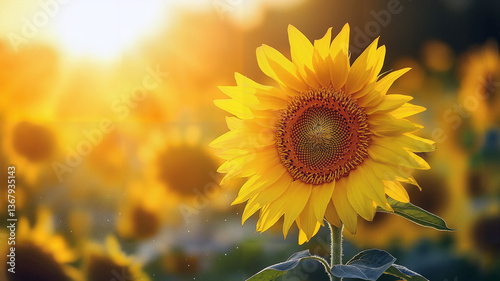 Vibrant sunflower in golden light at sunset. Field of sunflowers under warm evening light