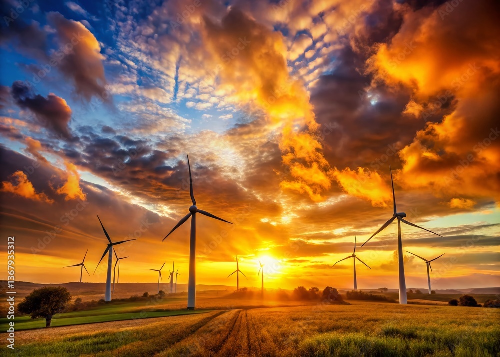 Obraz premium Panoramic Silhouette of Wind Turbines at Sunset - Clean Energy Landscape
