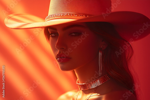 Wallpaper Mural Western Glamour: A beautiful woman with a chic hat and expressive eyes, radiating an aura of confidence and allure, posing in a vibrant environment. Torontodigital.ca