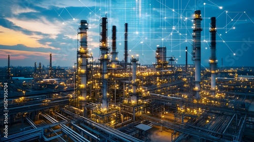 Wallpaper Mural A large industrial area with many tall buildings and a lot of lights. The lights are on and the sky is cloudy Torontodigital.ca