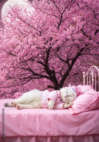 A cat sleeping peacefully on a bed near a cherry tree in full bloom　満開の桜の木の場所でベッドで安眠する猫