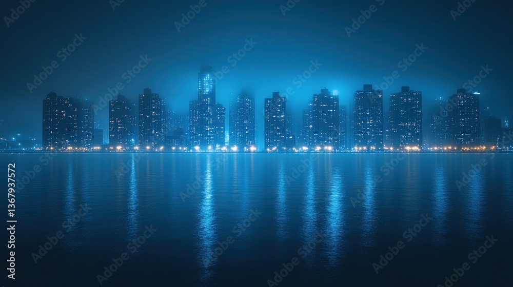 Fototapeta premium Night Cityscape: Misty Metropolis Reflected in Serene Waters