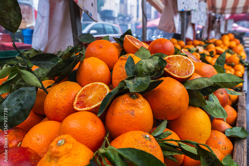Fresh sicilian oranges at the food market stall in Catania