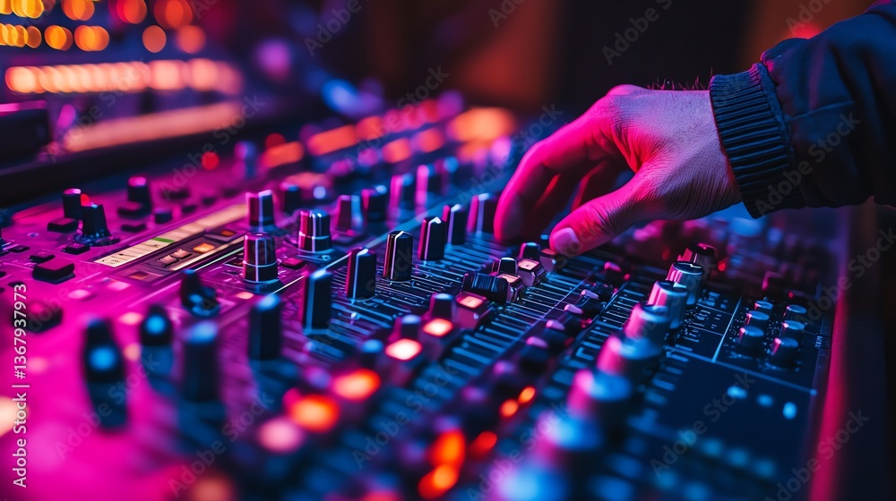 Detailed closeup of audio engineers hand on a mixing board, hightech recording studio setup, neon lights, focused on music mixing and mastering, realistic textures Detailed closeup of audio engineers hand on a mixing board, hightech recording studio setup, neon lights, focused on music mixing and mastering, realistic textures