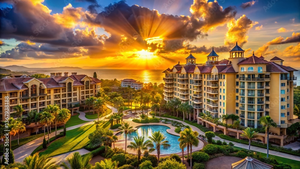Fototapeta premium Panoramic Sunset View: Luxury Resort Residences at Golden Hour