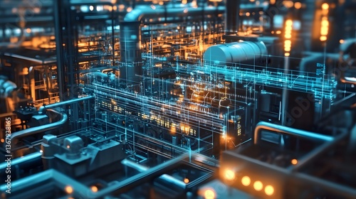 A futuristic cityscape with a lot of pipes and wires. The image is a computer-generated rendering of a city with a lot of technology. Scene is futuristic and industrial