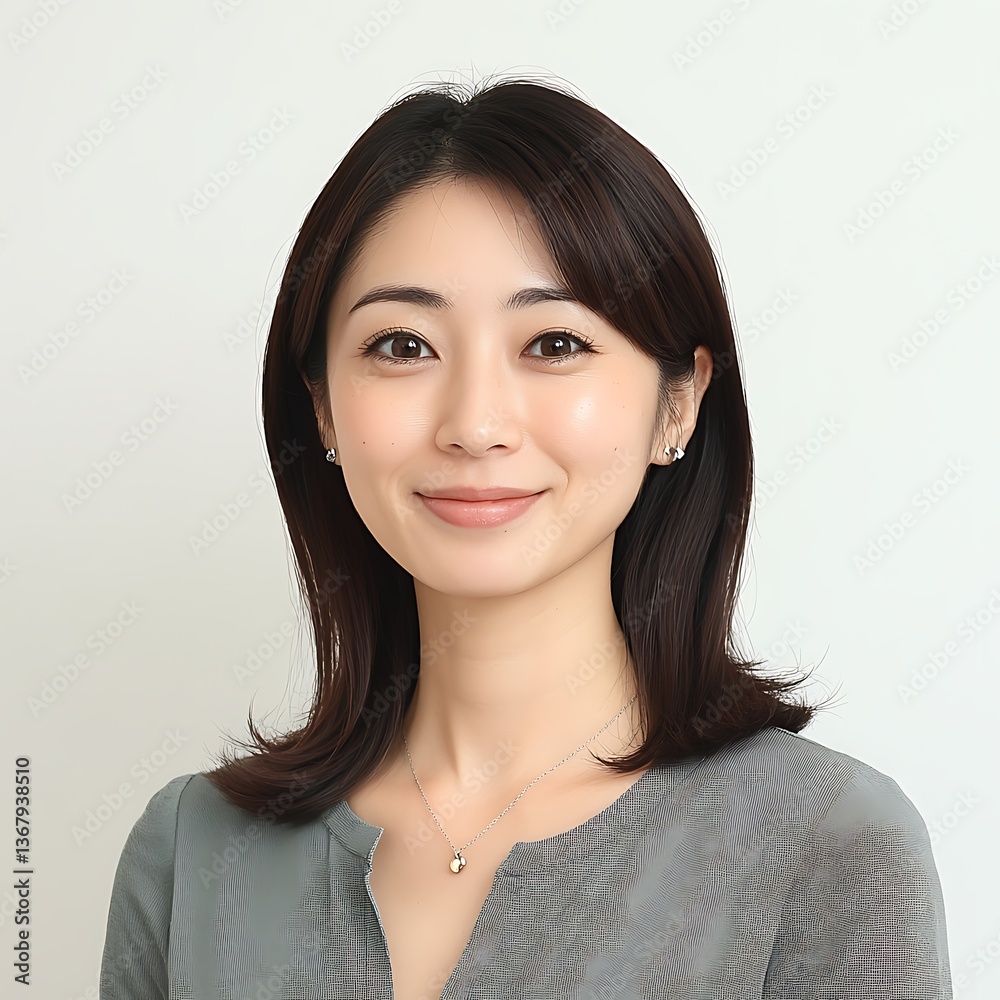 Portrait of a Smiling Asian Woman with Brown Hair. She is wearing a simple grey top and a delicate necklace. Portrait of a Smiling Asian Woman with Brown Hair. She is wearing a simple grey top and a delicate necklace.