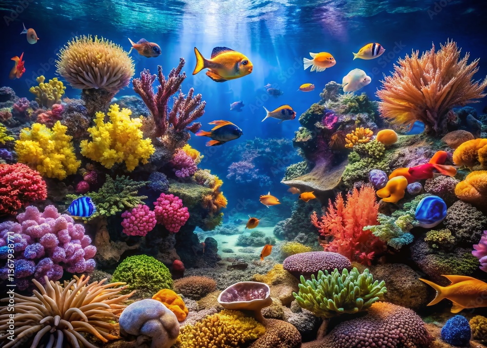 Naklejka premium Panoramic Underwater Scene: Vibrant Coral Reef Fish Tank