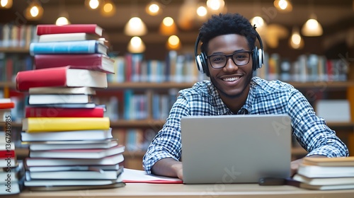 Smiling student using laptop in library
